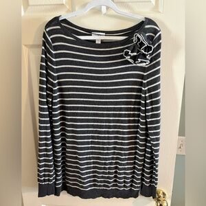 Striped charcoal gray & white Long-Sleeve Top with Bow Accent